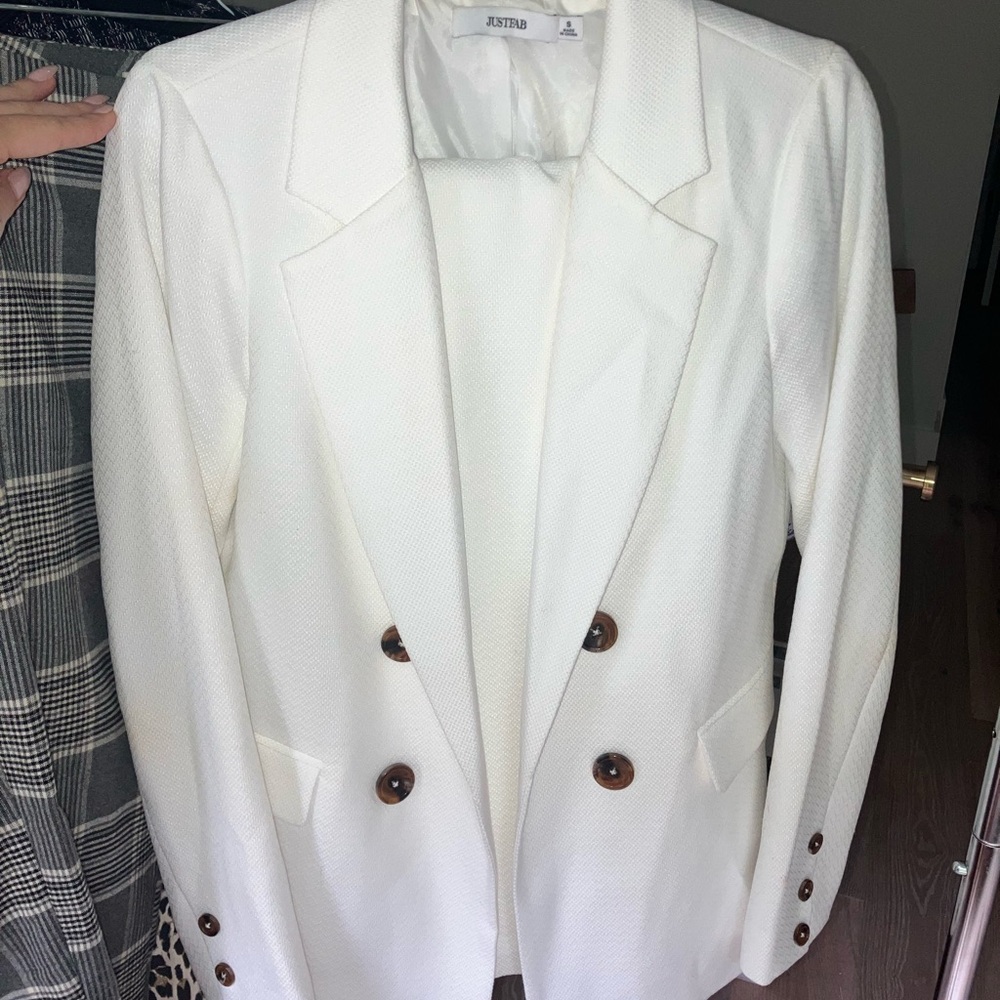 White Suit with Brown Turtle Buttons